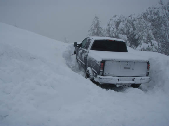 CJ Bartholomew's truck was one of several vehicles caught in this morning's snow slide on Highway 18.