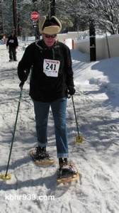 Jim Dooley of Fawnskin completes the race in his old school wooden snowwhoes.