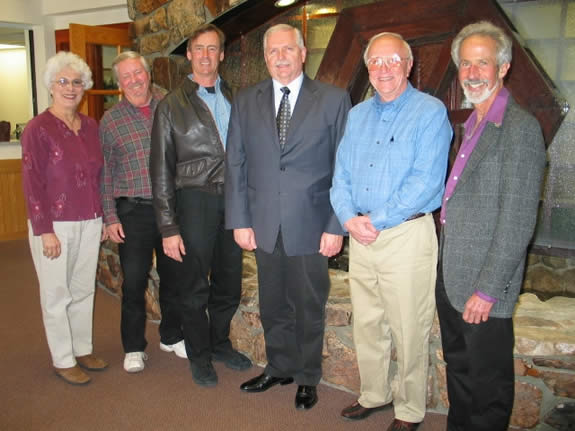 Rod Ballard (fourth from left) is named Big Bear Lake's new fire chief, following selection by the Fire Protection District, which is overseen by the City Council of Big Bear Lake.  From left, City Council members Liz Harris, Bill Jahn, Rick Herrick, new Chief Ballard, Darrell Mulvihill and Michael Karp.