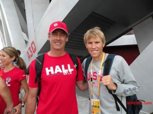 Ryan Hall with KBHR's Rick Herrick at the Olympics in Beijing (and Hall's wife, Sara, at left). For detailed Olympics coverage from August 2008, you can visit KBHR's 2008 Archive, accessible from our home page under Big Bear News at top left.