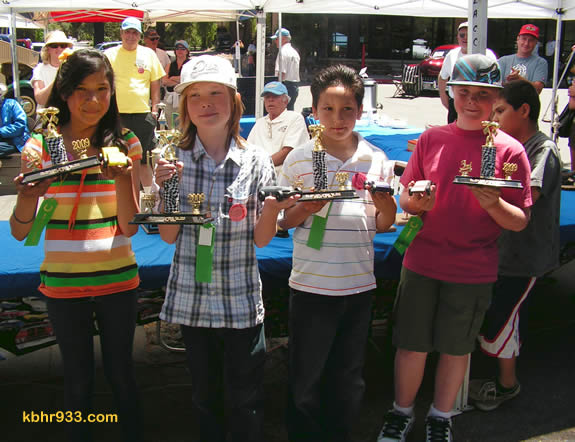 The fastest derby cars in the 5th grade competition were those made by (from left) Mariana Salazar, Ty Ewalt, Marcus Velasquez and Trevor Morrison.