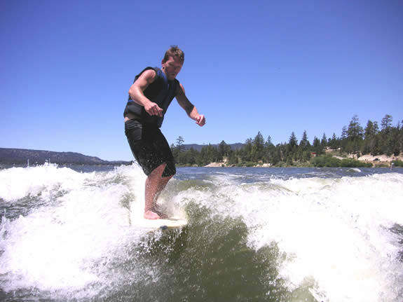 Big Bear Surf Club's Keith Bates surfs a wake off Juniper Point on Big Bear Lake.
