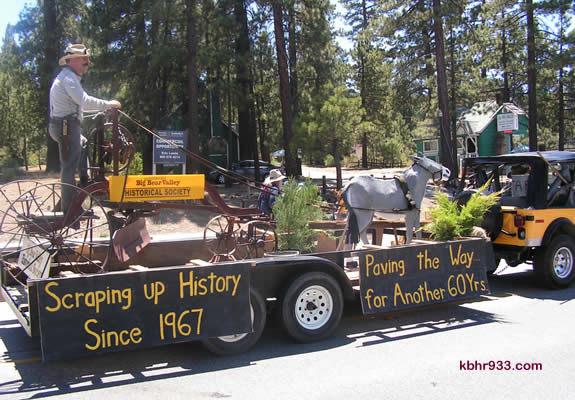 The Big Bear Valley Historical Society won this year's Float Sweepstakes with their elaborate float, which was accompanied by "old miners" with burros and a wolf.