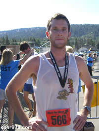 Nick Comiskey of Big Bear Lake, just after completing the half-marathon, which he won in 1:20.