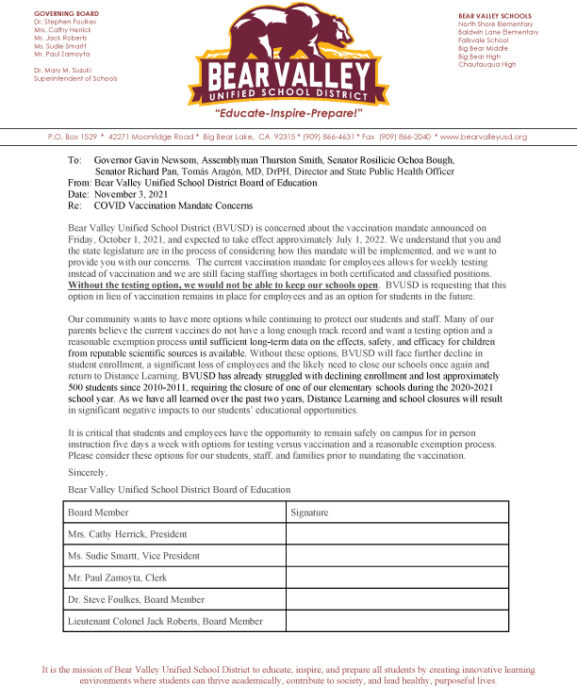 BVUSD Sends Letter to State Legislatures Regarding Vaccine Mandate