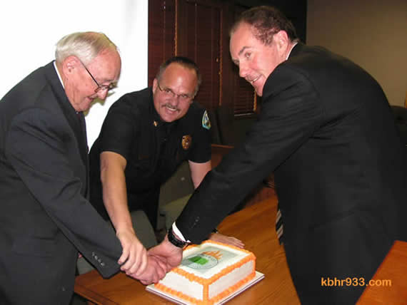Big Bear City Fire Chief Jeff Willis (center) celebrated the East Valley's distinction as a Firewise community in March, alongside CSD President John Day and past President Rick Ollila--the two have alternated as president for four years; Director Jeff Newsome was president in 2004 and 2005.